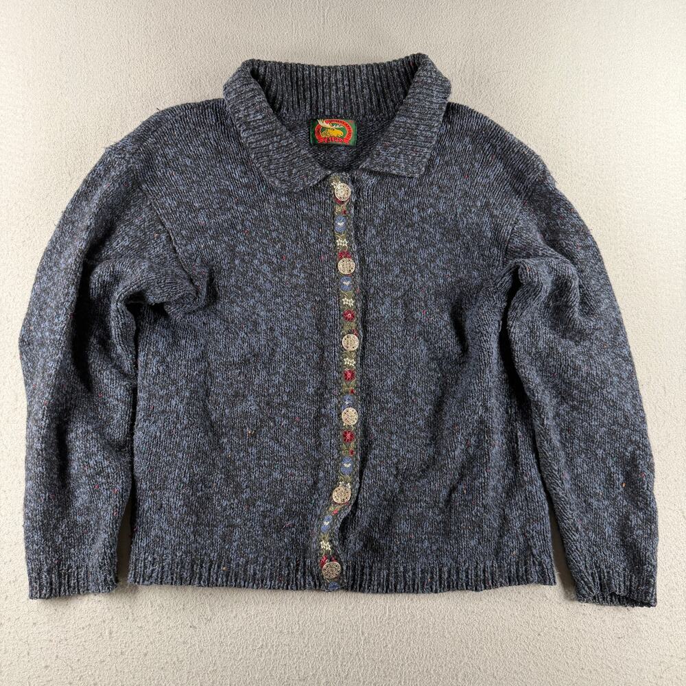 Vintage ALPS Women's Cardigan Sweater M Gray Speckled Knit Floral Trim Buttons